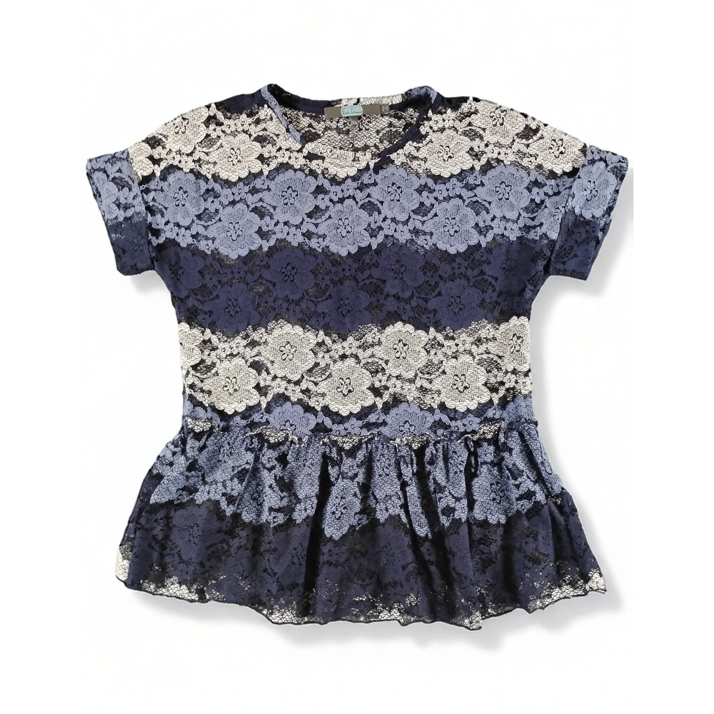 Eva Franco Womens XS Floral Lace Peplum Blouse Short Sleeve Round Neck Made USA